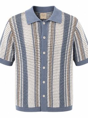 Massive Luxury Men’s Crochet Knit Button Front Shirt Blue White NWT Small